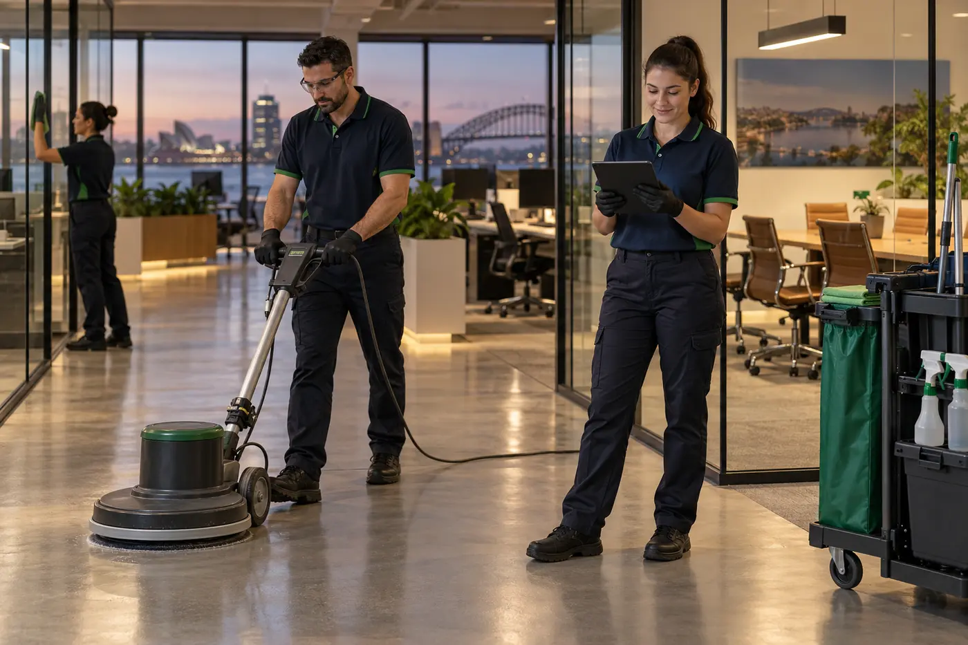 Commercial cleaning team at work